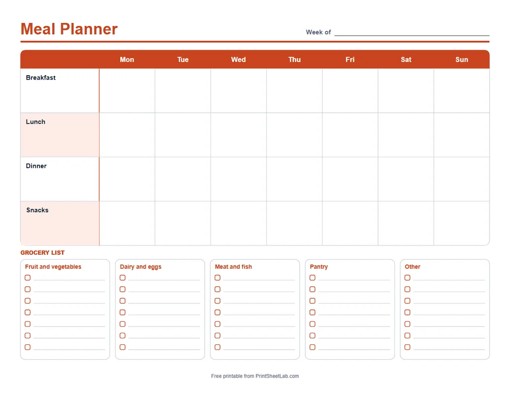 Meal planner printable with breakfast, lunch, dinner and snacks for seven days and a grocery list in the tomato color theme