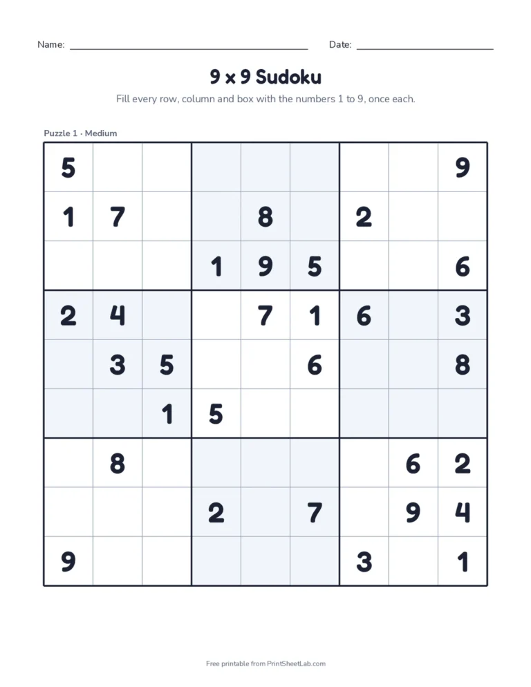 Five medium 9x9 sudoku puzzles, one large puzzle per page, with answer keys