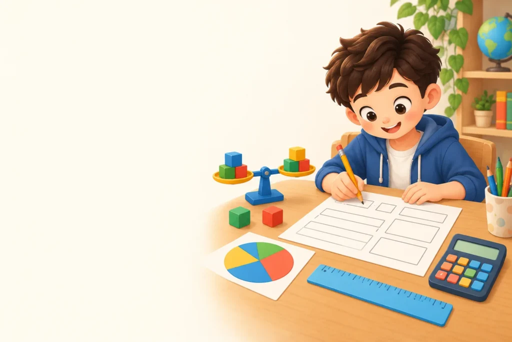 Student solving a math worksheet beside a balance scale, pie chart, ruler and calculator
