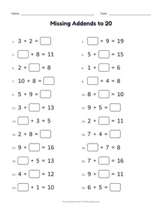 Missing Addends to 20 printable worksheet for grades 1 and 2