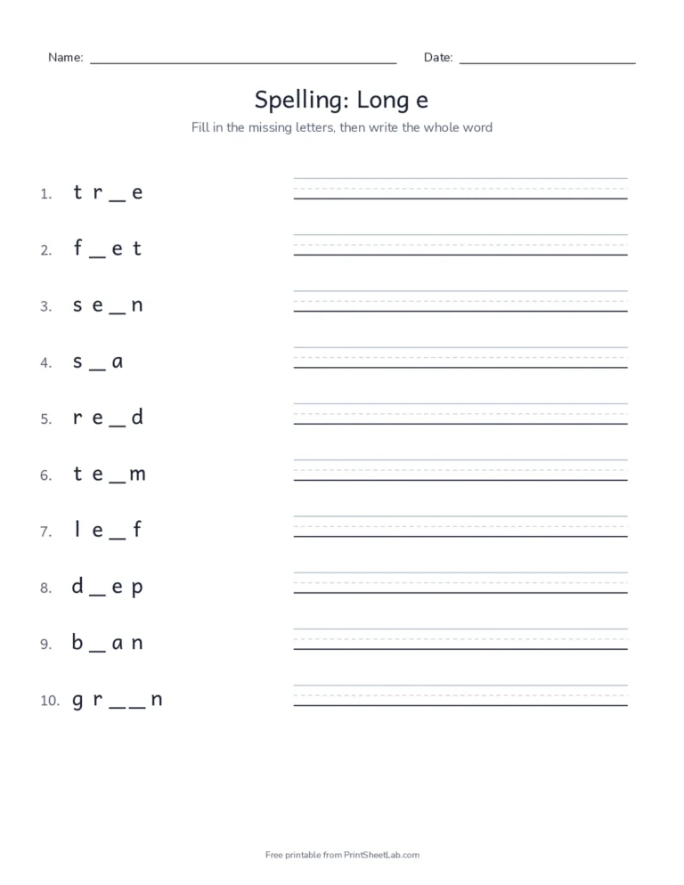 Missing letters worksheet for long e words with an answer key