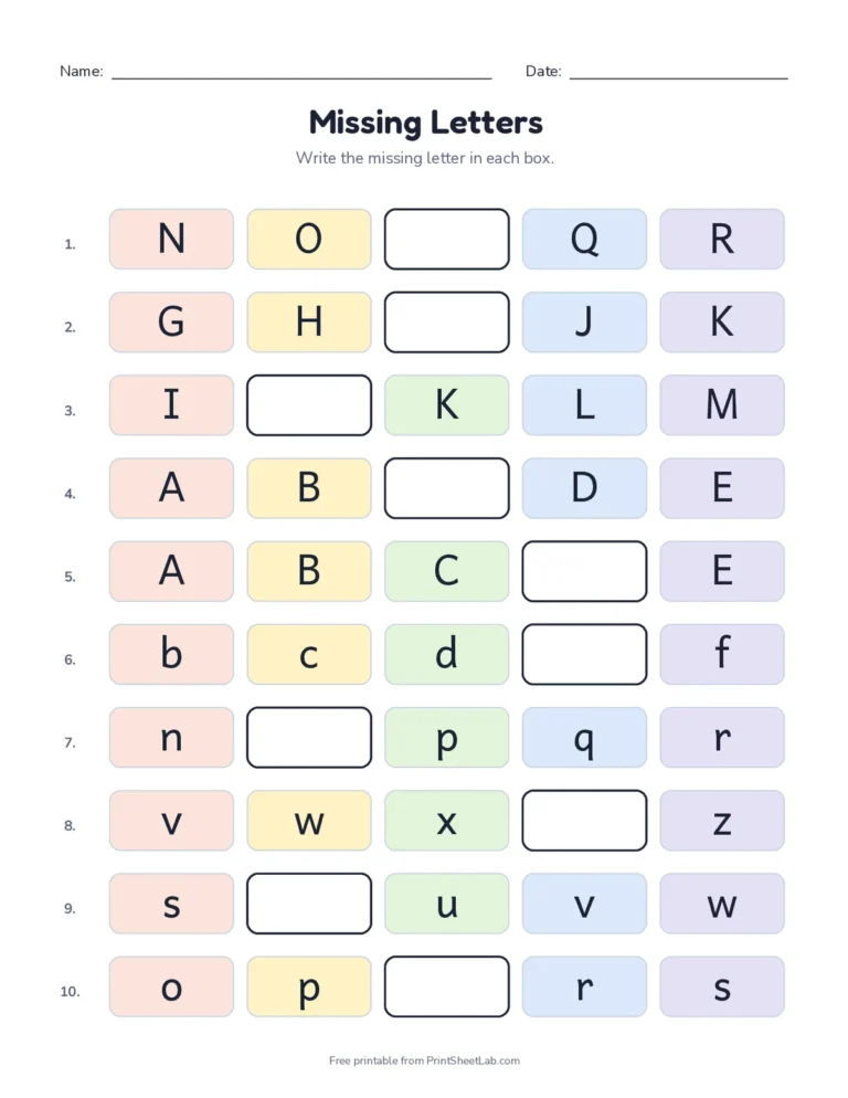 Missing letters alphabet worksheet in uppercase and lowercase with answer key
