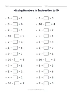Missing Numbers in Subtraction to 10 printable worksheet for grades 1 and 2