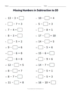 Missing Numbers in Subtraction to 20 printable worksheet for grades 1 and 2