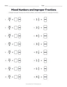 Mixed Numbers and Improper Fractions printable worksheet for grades 3 to 5