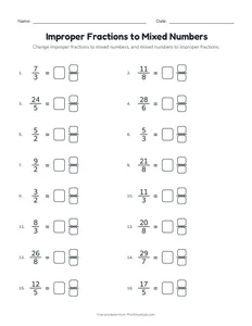Improper Fractions to Mixed Numbers printable worksheet for grades 3 to 5
