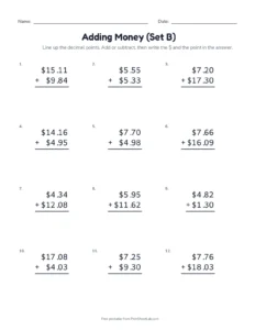 Adding Money (Set B) printable worksheet for grades 3 and 4