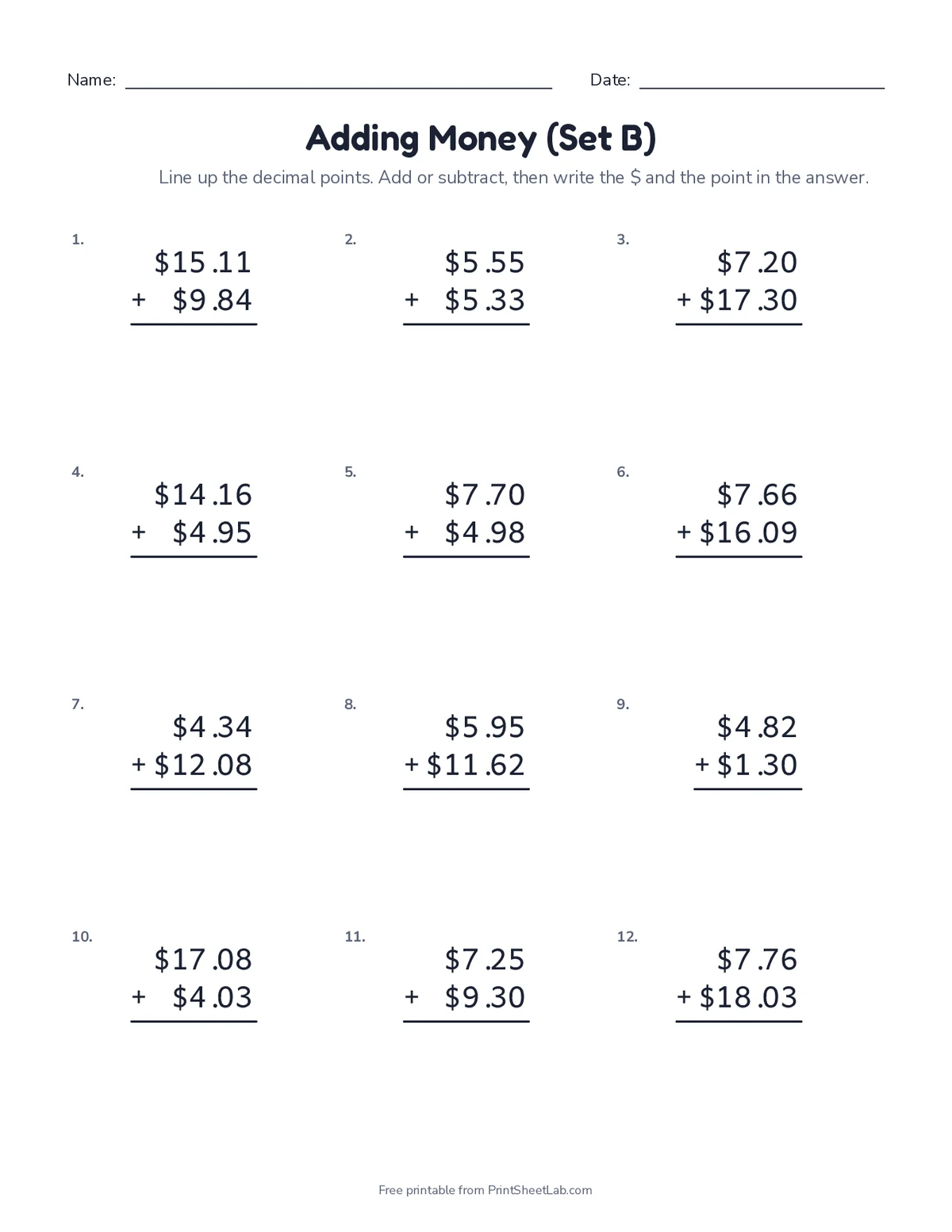 adding money worksheets: set B