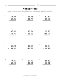 Adding Money printable worksheet for grades 3 and 4