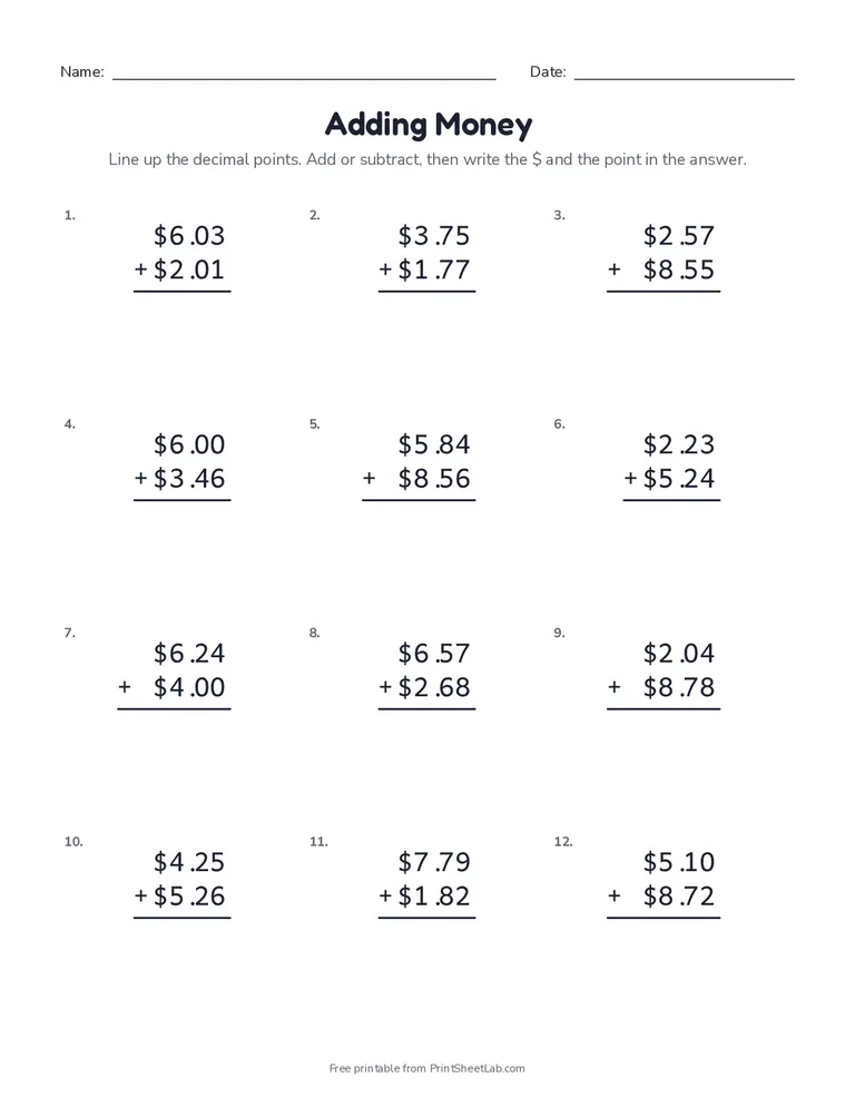 Adding Money printable worksheet for grades 3 and 4
