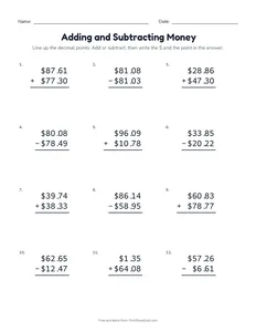 Adding and Subtracting Money printable worksheet for grades 3 and 4