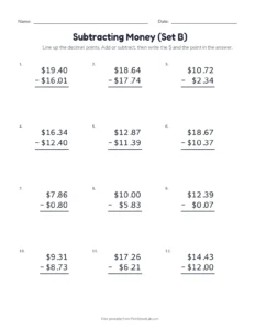 Subtracting Money (Set B) printable worksheet for grades 3 and 4