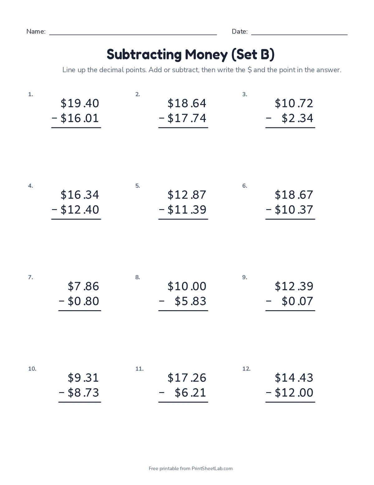 money math problems: subtracting money