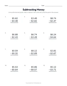 Subtracting Money printable worksheet for grades 3 and 4