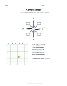 Compass Rose: 8 Directions printable worksheet for grades 2 to 4
