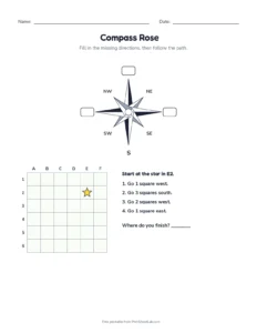 Compass Rose and Path printable worksheet for grades 2 to 4