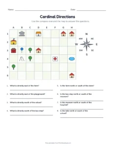 Cardinal Directions printable worksheet for grades 2 to 4