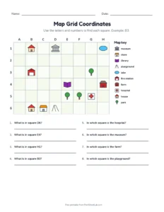 Map Grid Coordinates (Set B) printable worksheet for grades 2 to 4
