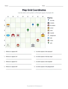 Map Grid Coordinates printable worksheet for grades 2 to 4