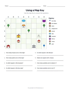 Using a Map Key (Set B) printable worksheet for grades 2 to 4