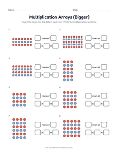 Multiplication Arrays (Bigger) printable worksheet for grades 2 and 3