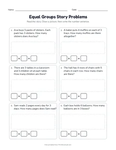 Equal Groups Story Problems printable worksheet for grades 2 and 3