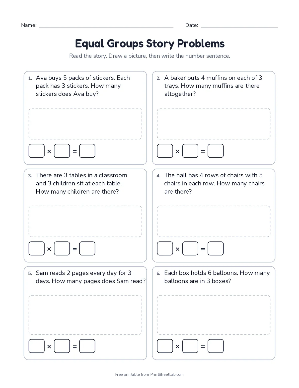 multiplication for third graders worksheets: equal groups story problems