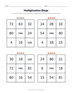 Multiplication Bingo printable worksheet for grade 3