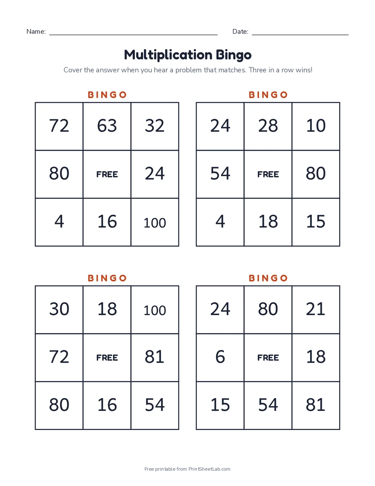 third grade multiplication worksheets: bingo