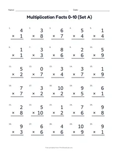 Multiplication Facts 0-10 (Set A) printable worksheet for grade 3