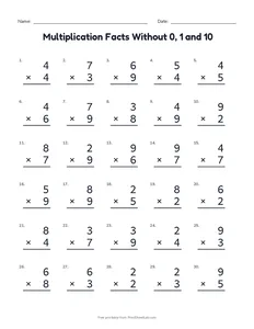 Multiplication Facts Without 0, 1 and 10 printable worksheet for grade 3