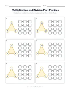Multiplication and Division Fact Families printable worksheet for grade 3
