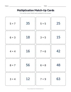 Multiplication Match-Up Cards printable worksheet for grade 3