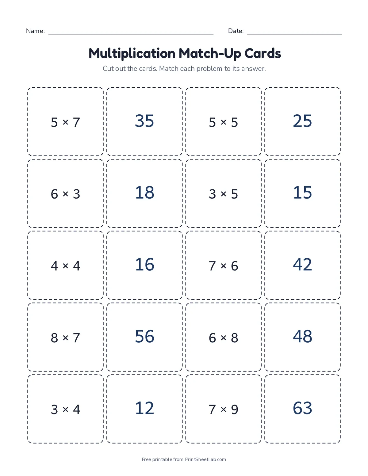 multiplication facts worksheets third grade: match-up cards