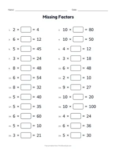 Missing Factors printable worksheet for grade 3