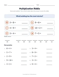 Multiplication Riddle printable worksheet for grade 3