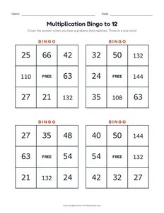 Multiplication Bingo to 12 printable worksheet for grades 3 and 4