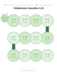Multiplication Caterpillar to 12 printable worksheet for grades 3 and 4
