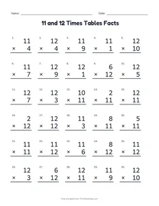 11 and 12 Times Tables Facts printable worksheet for grades 3 and 4