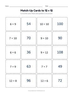 Match-Up Cards to 12 × 12 printable worksheet for grades 3 and 4