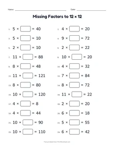 Missing Factors to 12 × 12 printable worksheet for grades 3 and 4