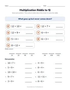 Multiplication Riddle to 12 printable worksheet for grades 3 and 4