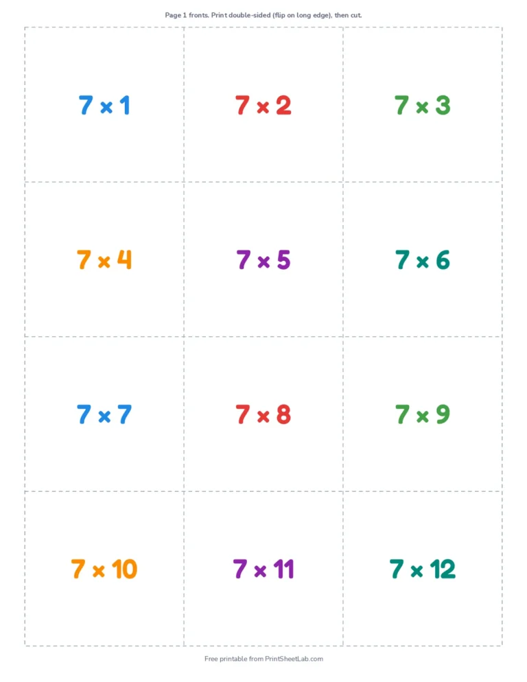 Multiplication flash cards for the 7 times table