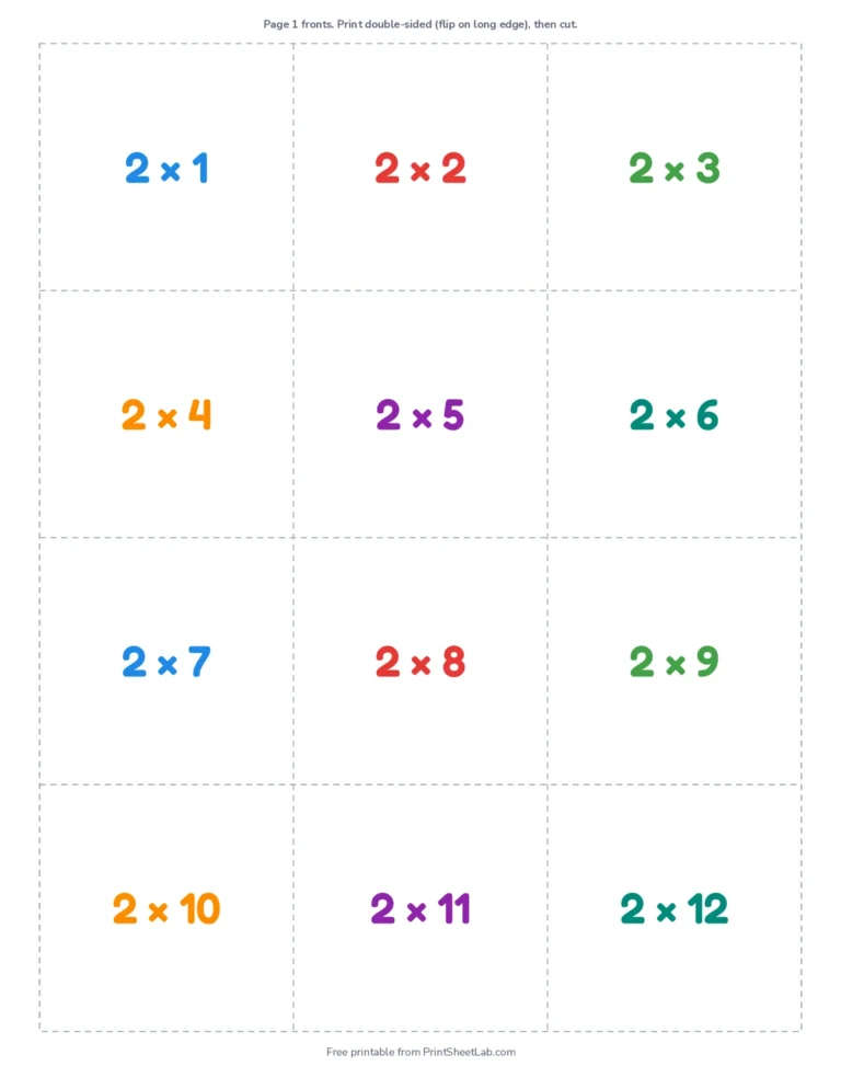Printable multiplication flash cards 2 to 10, 108 cards, double-sided