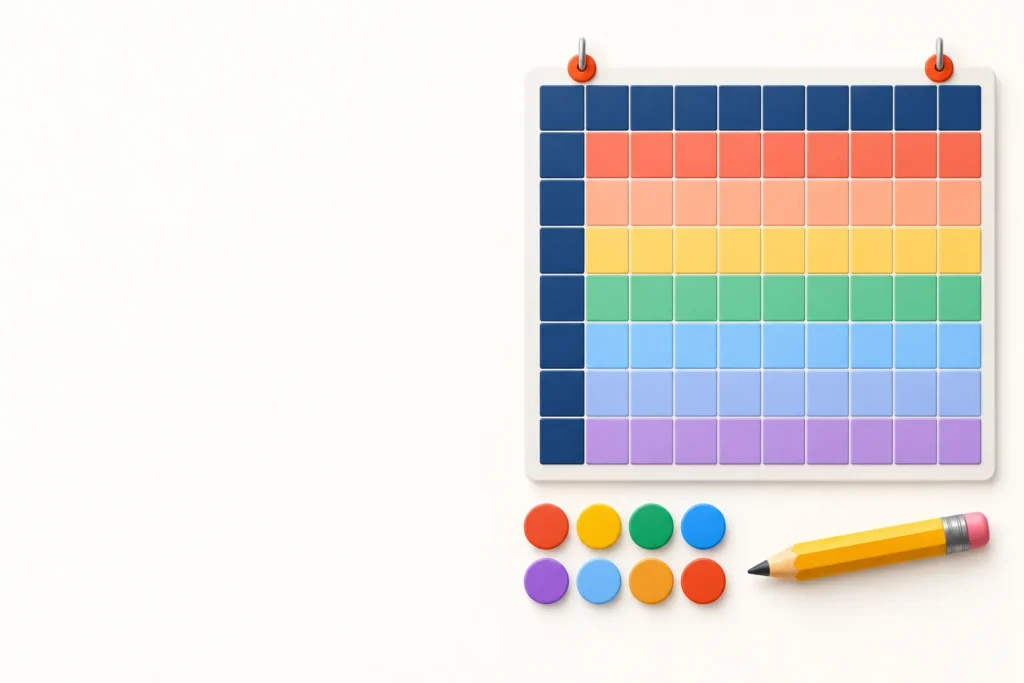 Illustration of a colorful rainbow multiplication chart pinned to a board with counters and a pencil
