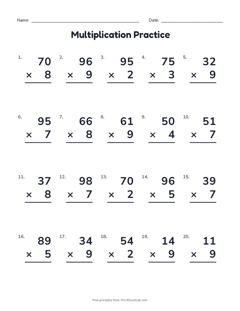 Multiplication worksheets printable: 20 two-digit by one-digit multiplication problems