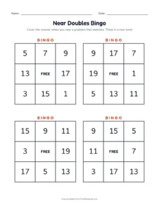 Near Doubles Bingo printable worksheet for grades 1 and 2