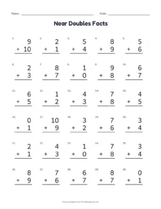 Near Doubles Facts printable worksheet for grades 1 and 2