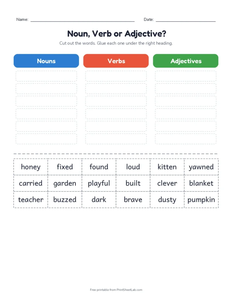 Grammar worksheets: noun, verb or adjective cut and paste sort