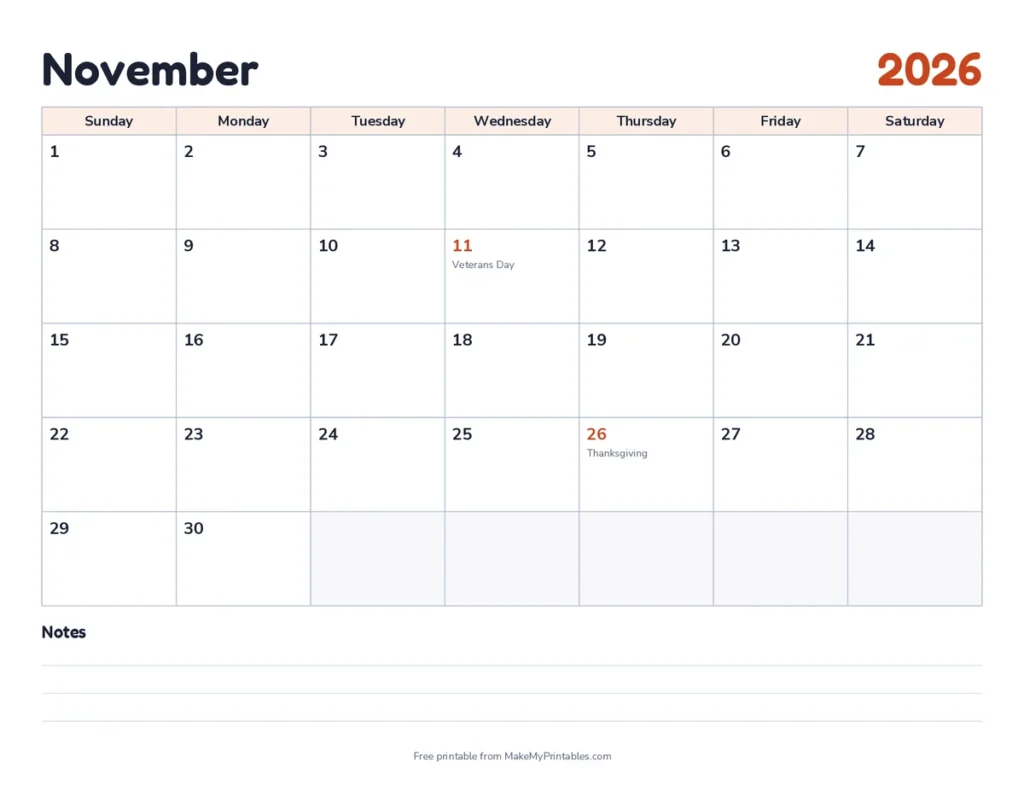 November 2026 calendar printable in landscape with Veterans Day on November 11 and Thanksgiving on November 26 marked, and notes lines